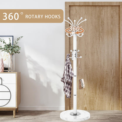 LOZABEE Metal Heavy Duty Coat Rack Stand, Modern 360° Roraty Freestanding Coat Rack with Natural Marble Base, White Coat Racks Hall Tree Hanger Stand with 16 Hooks for Entryway, Office