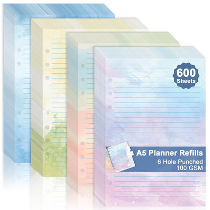 600 Sheet Watercolor A5 Refill Paper for Planner Inserts 6-Hole Loose Leaf Lined Filler Paper A5 Refillable Notebook Planner Accessories 100GSM for 6 Ring Binder Budget Planner Journal 5.6" x 8.2"