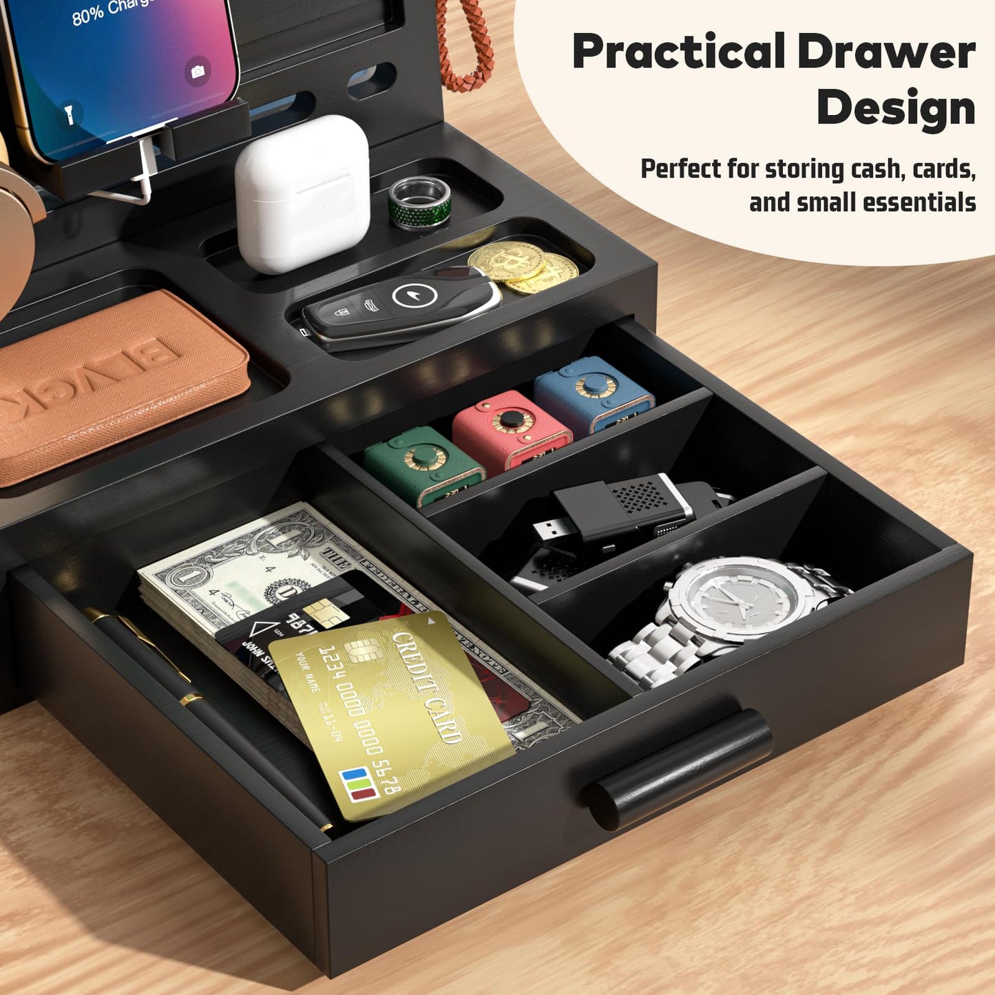 Sephyroth Bamboo Phone Docking Station Nightstand Organizer Cell Phone Stand Gifts for Men, Dad Gifts for Boyfriend, Husband with Drawer Storage (Black)