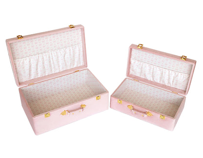 HofferRuffer Velvet Storage Trunks with Wood Frame, Set of 2 Storage Chests with Handles, Bedroom Organizer Nesting Upholstered Decorative Boxes Hinged Lid with Gold Hardware Accents (Pink Trunks)