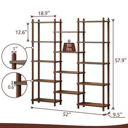 IOTXY Wooden Triple Wide Bookshelf - 5-Tier Large Shelf Bookcase with Solid Beech Frame, Tall Freestanding Open Etagere Display Rack for Home Office, Walnut
