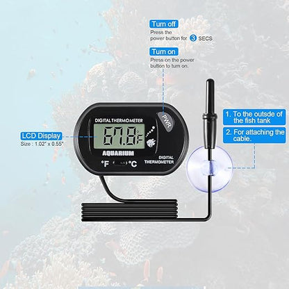 2pcs Aquarium Thermometer LCD Digital Fish Tank Thermometer with Water-Resistant Sensor Probe and Suction Cup for Turtle Incubators Terrarium Water Thermometer