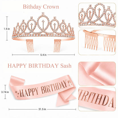 Black Rose Gold Birthday Decorations for Women Girls,Rose Gold Latex Balloons with Happy Birthday Banner,Fringe Curtain,Cake Topper,Sash and Crown for Birthday Party Supplies