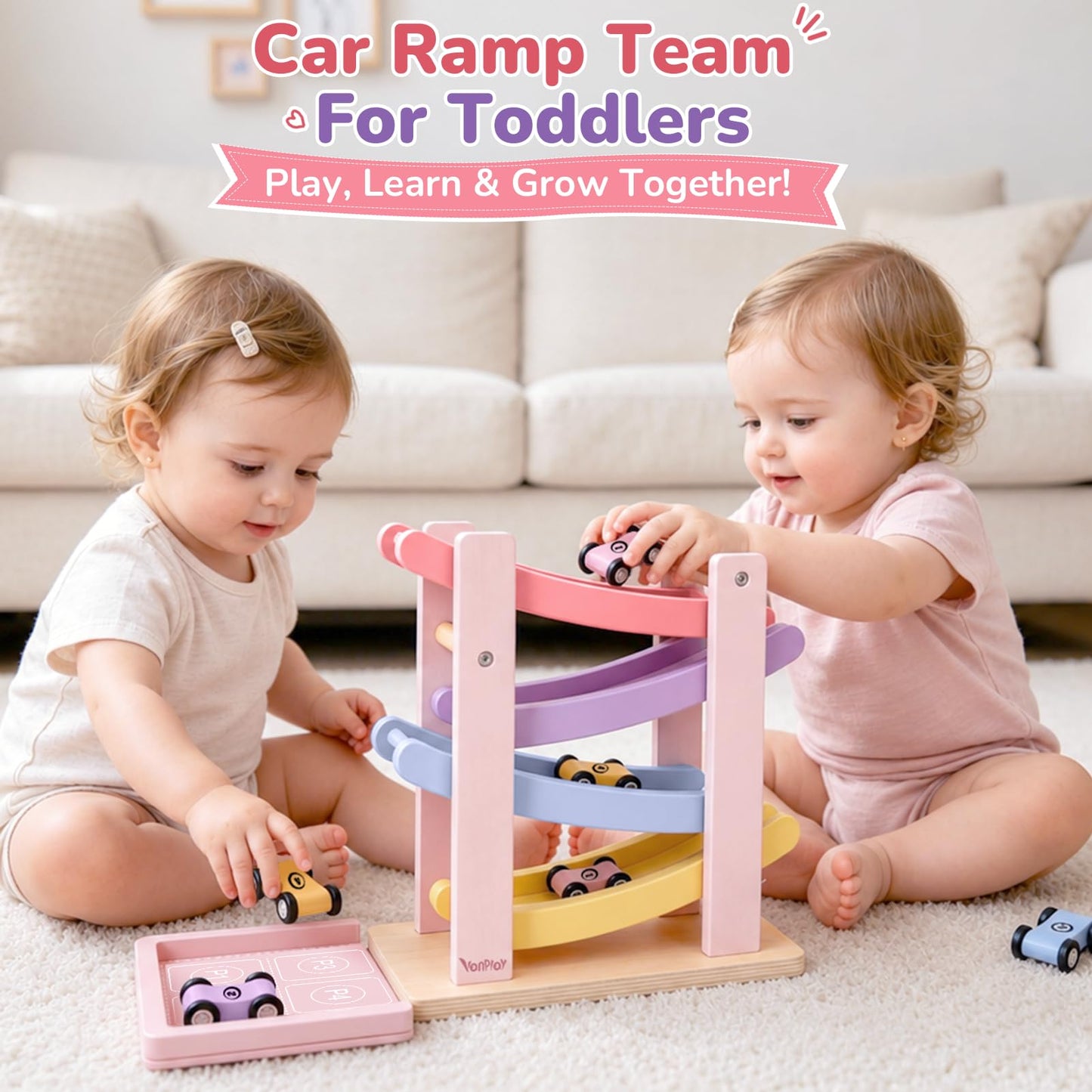 Vanplay Car Ramp Toys for One Year Old Girl Birthday Gifts, Montessori Toys for 1 2 Year Old, Wooden Race Track Truck Toy with 4 Mini Cars, First Christmas Birthday Gifts for Toddler Girl Toys 1-3-2-4