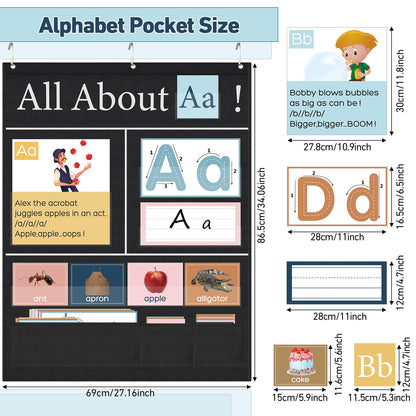 Blosssound 34 x 27 All About Letter Pocket Chart 103 ABC Flash Cards Letter of The Day Week Chart Alphabet Tracing Educational Wall Poster Teachers Homeschool Learning Activities(Black)