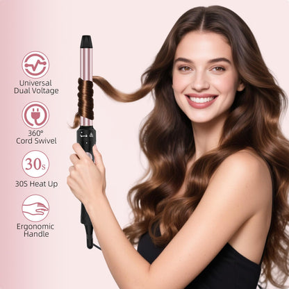 3 in 1 Curling Iron, Curling Wand Set with 3 Interchangable Ceramic Beach Waves Wands(0.75"-1.25"), Dual Voltage 30s Fast Heating with Heat Resistant Glove & 2 Clip for Long/Short All Hairstyle