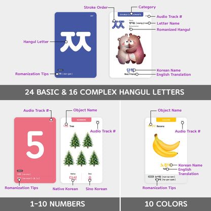 Stellarsol Korean Flashcards 2-Pack Beginner Gift Set - 40 Hangul, Numbers, Colors & Things Around The House Voc for Beginners with MP3 Audio