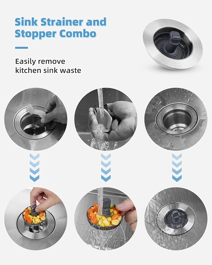 Universal 3 in 1 Kitchen Sink Drain Strainer Stopper Combo, Anti-Clog and Easy