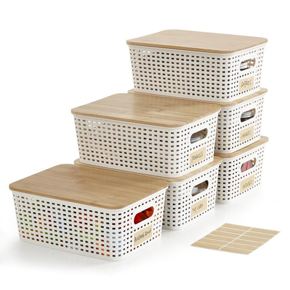 Bagnizer Small Plastic Storage Bins with Bamboo Lids 5.2qt Stackable Box Basket Pantry Decorative Containers Cute with Labels for Organizing Desktop Closet Office Cream White of 6 packs 10*7.2*4.1"