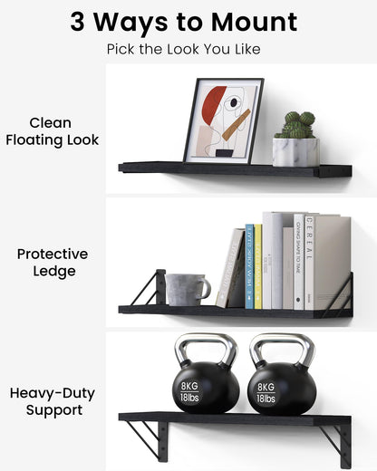 BAYKA Wall Mounted Floating Bathroom Shelves, Wood Wall Shelf for Bathroom Essentials & Decor, Space-Saving Display & Organizer (Black, Set of 4)