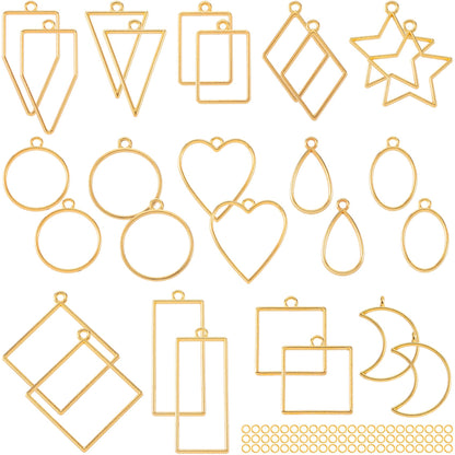 CustomyLife 28 pcs Open Bezels with 100pcs Jump Rings, 14 Styles Gold Heart Star Moon Hollow Frame Pendant Epoxy Mold Kit for Resin Casting, DIY Jewelry Making, Necklaces, Earrings Making Supplies