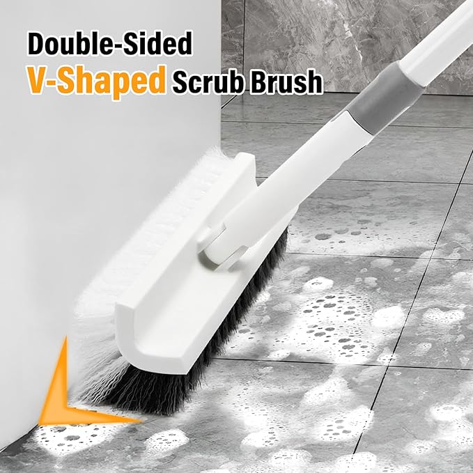 Floor Scrub Brush with Long Handle, Double-Sided V-Shaped Deck Brush, Grout