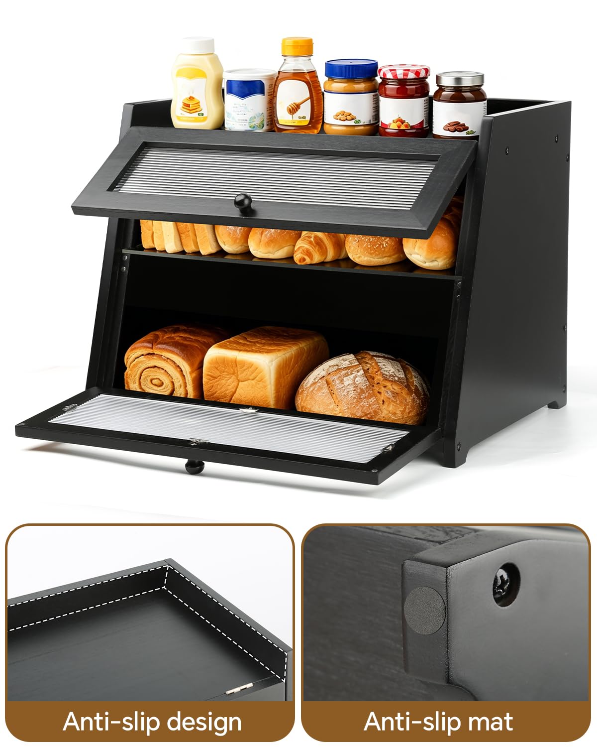 Kerisgo Bread Box for Kitchen Countertop - Double Layer Wooden Bread Storage Container for Homemade Bread,Counter Organizers and Storage for Fruits,Spices,Bread - Black