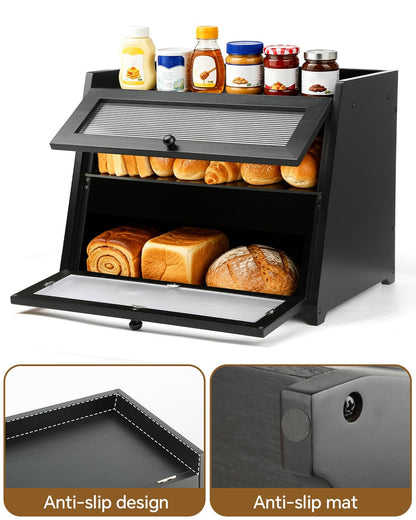 Kerisgo Bread Box for Kitchen Countertop - Double Layer Wooden Bread Storage Container for Homemade Bread,Counter Organizers and Storage for Fruits,Spices,Bread - Black