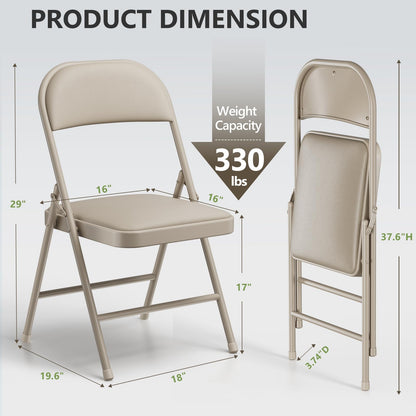FurniEdge Padded Folding Chairs 2 Pack, PU Leather Folding Chairs for Outside and Indoor, Heavy Duty Portable Foldable Metal Chairs for Home Office, Dorm, Party, Backyard, Patio, Khaki