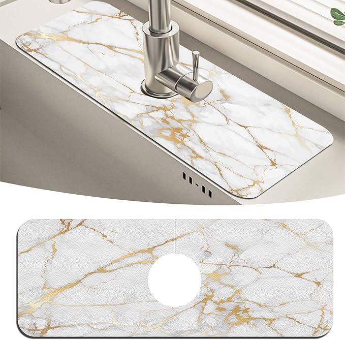 MCALK Marble White Kitchen Sink Faucet Mat Splash Guard, Absorbent Quick-Dry