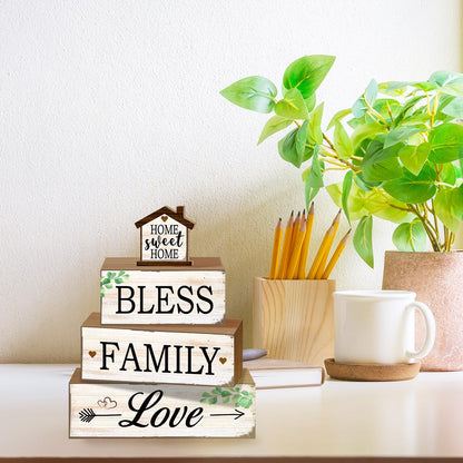 4 Pcs Sweet Home Table Decoration,Bless Family Love Wooden Block Signs,Farmhouse Table Centerpiece for Living Room Entryway Table Mantel Kitchen Counter Decor