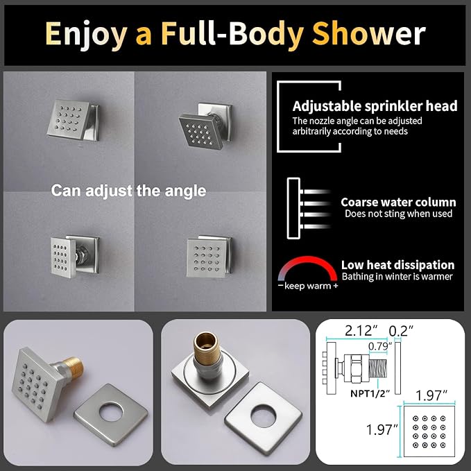 AYIVG Brushed Nickel 4 Function Dual Rainfall Shower Head System Multi Functions Thermostatic Full Body Shower System 16 X 26 Inch And 8 inch Rainfall Ceiling Shower Head Faucet Set