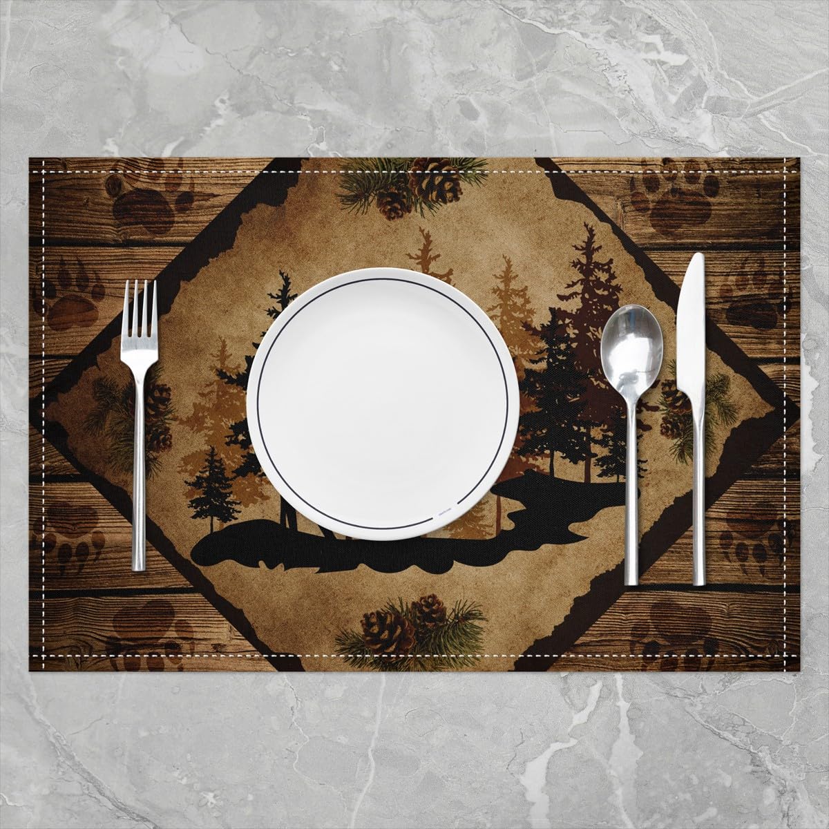 Moose Cabin Place Mats Retro Brown Wooden Stripes Farmhouse Table Mats for Kids Teens Adults Pine Cones Trees Wild Animal Paw Print Kitchen Mats for Dining Table 12x18 Inch Set of 4