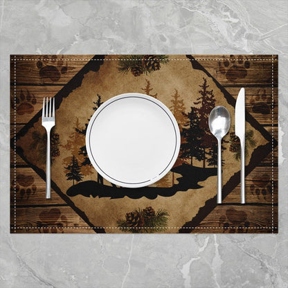 Moose Cabin Place Mats Retro Brown Wooden Stripes Farmhouse Table Mats for Kids Teens Adults Pine Cones Trees Wild Animal Paw Print Kitchen Mats for Dining Table 12x18 Inch Set of 4