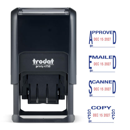 Trodat Printy 4750 Self Inking Date Stamp with Approved, Copy, EMAILED, Scanned – Blue and Red Ink, 1" x 1-5/8"