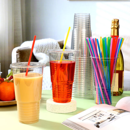 Ziliny 50sets 32 oz Clear Plastic Cups with Lids and Straws Disposable Clear Thickened Pet Plastic Drinking Cups for Cold Drinks, Iced Coffee, Milkshakes, Smoothies, Dessert (Multicolor)