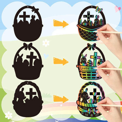 CY2SIDE 60PCS Religious Baskets with Egg Cross Scratch Card Gift Set DIY Christian Jesus is Risen Scratch Paper Craft for Kid Sunday School Activity Easter Bunny Magic Art Rainbow Color Paper Ornament