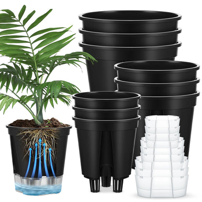 Wonderjune Self Watering Pots for Indoor Plants with Deep Reservoir and High Drainage Holes for Outdoor Plants and Flowers, Bare Root Planter(4.72'', 5.91'', 7.09'',Black,9 Pcs)