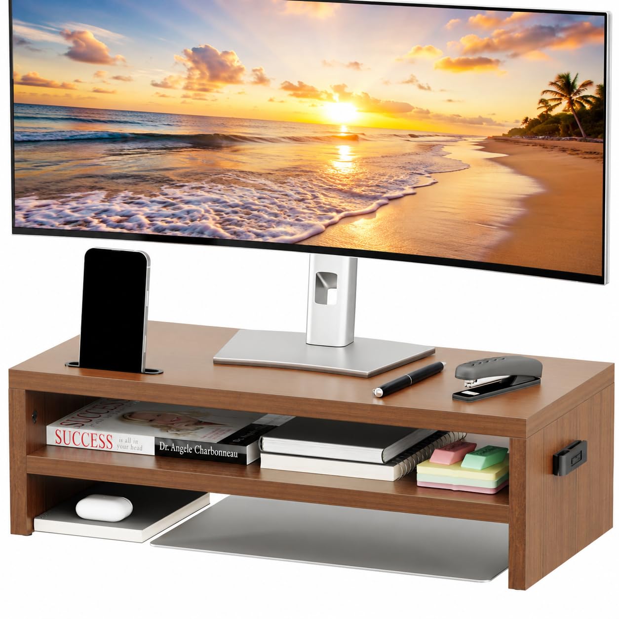 BONTEC Walnut Monitor Stand Riser, 21.3 Inch 2-Tier Wood Desk Shelf for Monitor & Laptop, Desktop Organizer with Cable Management and Phone Holder, Ergonomic Computer Riser, 66 lbs Capacity