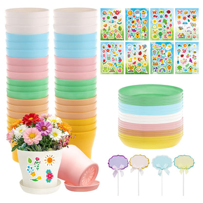 Adboros Garden Paper Pot Craft Kit, 36 Durable Resin Garden Pot with Tray Drainage Holes Adhesive Stickers and 40 Colorful Writable Cards, Flower Plant Spring Craft for Classroom DIY Flower Planting