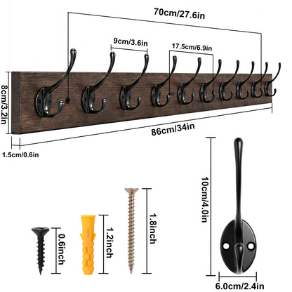 IBosins Wall Mounted Coat Rack,Vintage Wood Coat Rack, 34" Long with 10 Black Double Hooks Rail for Entryways, Bathrooms, Living Rooms to Hang Coat, Scarve, Hat,Key, Bag