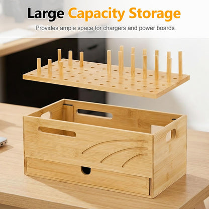 Homde Bamboo Charging Station Organizer: 2 Layer Charger Holder with Drawer for Office Home - Electronic Docking Stand for Multiple Devices, Tablets, Phones