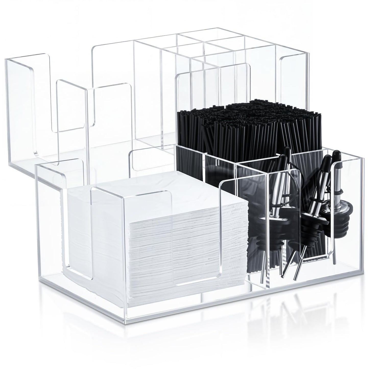 Mifoci 2 Pcs Bar Caddy with 6 Compartments, Bar Napkin Holder Organizer Cocktail Straws and Toothpicks Condiments for Home Office Kitchen Countertop, 9.5 L x 5.9 W(Acrylic)
