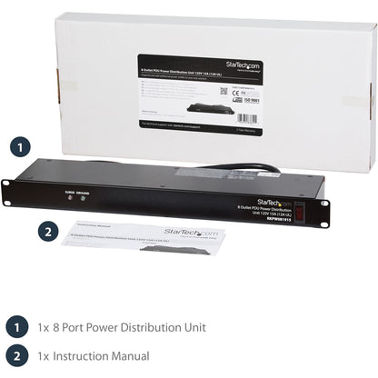 StarTech.com 8 Outlet Horizontal 1U Rack Mount PDU Power Strip for Network Server Racks - Surge Protection - 120V/15A - w/ 6ft Power Cord (RKPW081915)