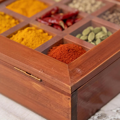 Hunmor Wooden Spice Box 10x7.5 Inch, Indian Spice Box, Masala Dabba Spice Box for Kitchen,Decorative Indian Organizer with Lid,12 Compartments Spice Storage Container,Ideal for Seasonings & Herbs