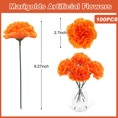 100PCS Marigold Flower Heads with Stems – Artificial Cempasuchil Flowers for Día de Los Muertos Altar, Day of The Dead Decorations, Halloween, Mexican Party, DIY Garland & Wreath Décor（Orange）