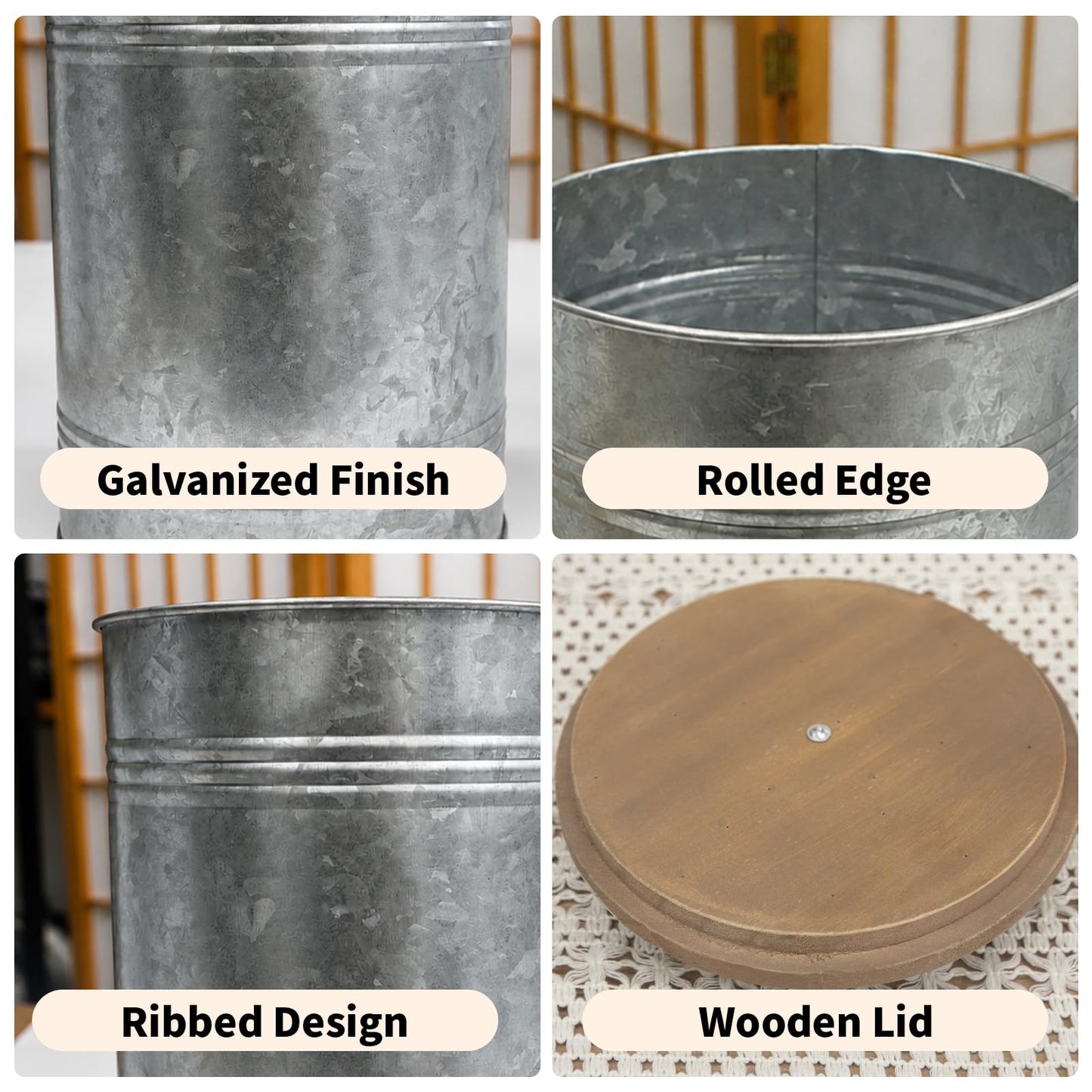 MODE HOME Galvanized Metal Kitchen Canister Set of 4 with Wooden Lids, Rustic Farmhouse Storage Buckets with Spangle Finish for Coffee, Tea, Snacks, Herb Planters & Beverage Tubs