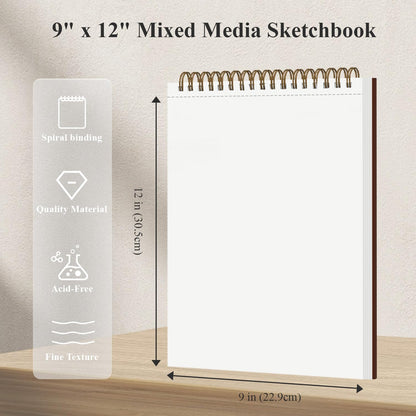 Mixed Media Sketchbook 9" x 12", 60 Sheets Each (98lb/160gsm), 2 Pack, Heavyweight Drawing Papers, Top Spiral Bound Hardcover Sketchbook, for Wet and Dry Media, Drawing, Painting