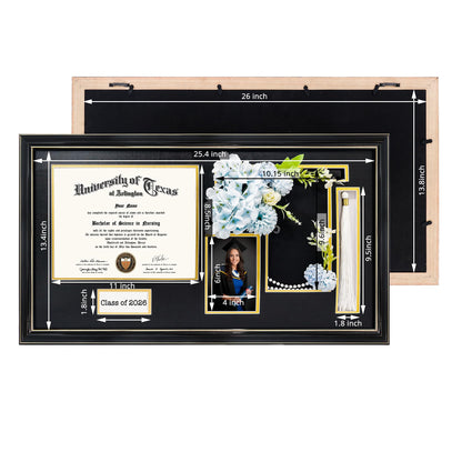 GraduationMall Class of 2026 Graduation Shadow Box Frame for 8.5x11 Diploma, 4x6 Picture with Cap & Tassel Holder, Black Wood Display Case with Black Gold Mat