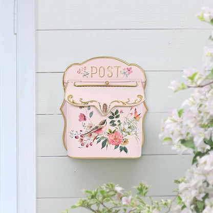 BIG FORTUNE Wall Mount Mailbox for House Outside Vintage Metal Door Mailbox Antique Style Nostalgic Charm Home Decor Garden Vintage English Cottage Decor Flower Patter (Pink)