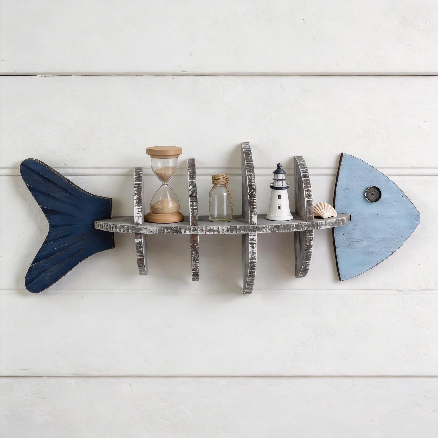 Wooden Fishbone Wall Decor, Floating Shelf, Nautical Coastal Wall Mounted Organizer, Driftwood Fish Display Shelf for Bedroom, Bathroom, Living Room, Lake House, Housewarming, Birthday Gift for Lovers