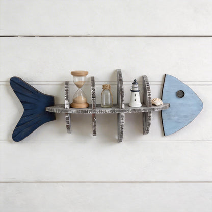 Wooden Fishbone Wall Decor, Floating Shelf, Nautical Coastal Wall Mounted Organizer, Driftwood Fish Display Shelf for Bedroom, Bathroom, Living Room, Lake House, Housewarming, Birthday Gift for Lovers