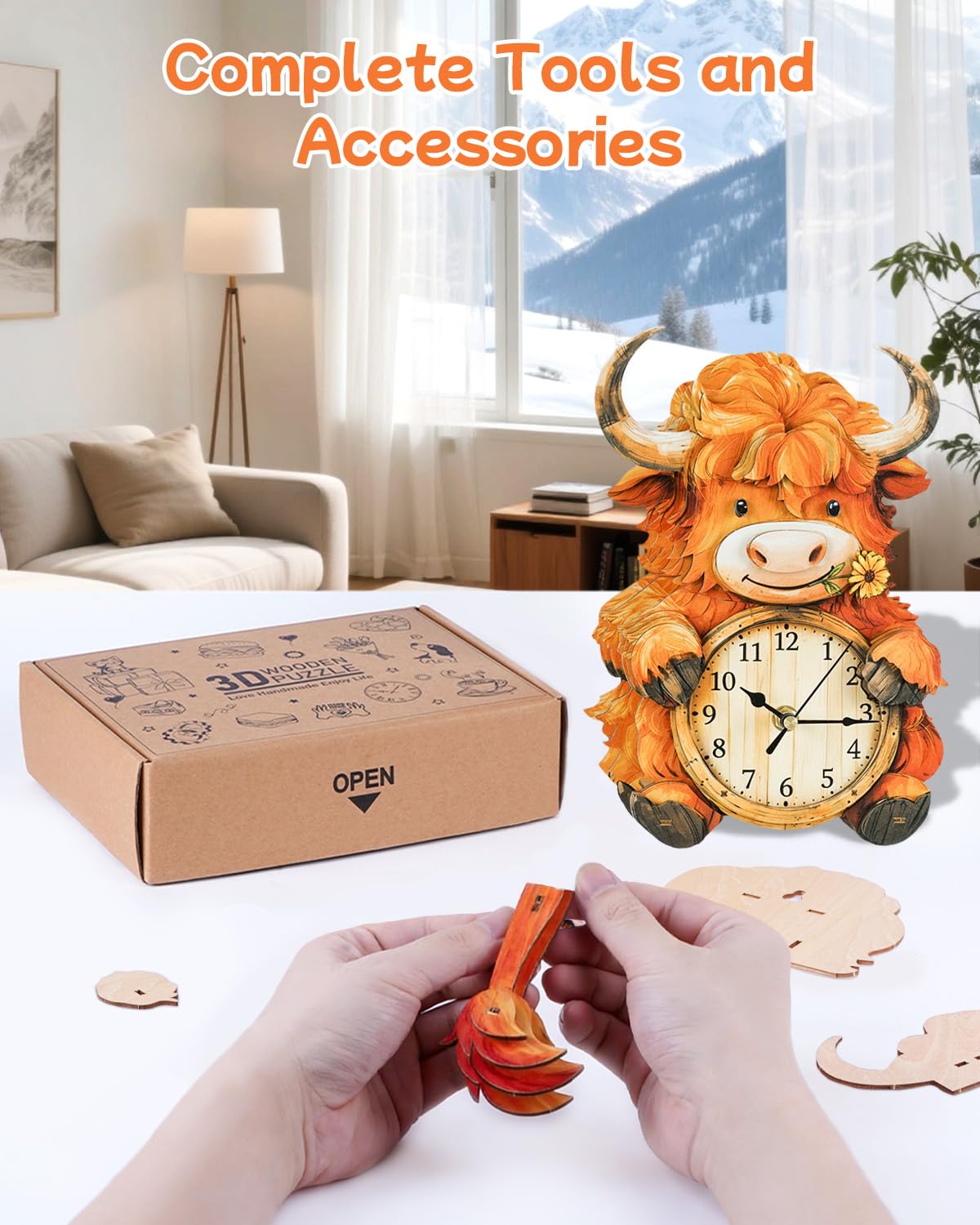 Rnfinewow 3D Puzzles for Adults, Highland Cow Clock Kit with Pendulum, 3D Wooden Puzzles Model Kit Home Decor DIY Wall Clock Highland Cow Puzzle Birthday Gifts for Women Men