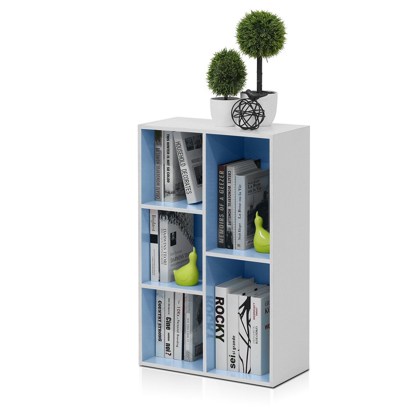 Furinno LUDER Book Shelf, 5-Cube Bookshelf, Reversible Bookcase, 9.4 x 19.5 x 31.5, Easy Assembly, for Living Room, Bedroom, Home Office, White/Light Blue