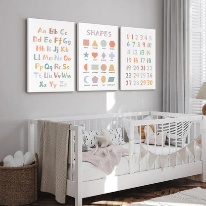 Kids Playroom Wall Art Decor Nursery ABC Alphabet Poster Play Room Canvas Wall Decor Toddler Childrens Educational Artwork Numbers Shapes Prints ABC Picture for Playroom 12x16 Inch Ready to Hang 3Pcs