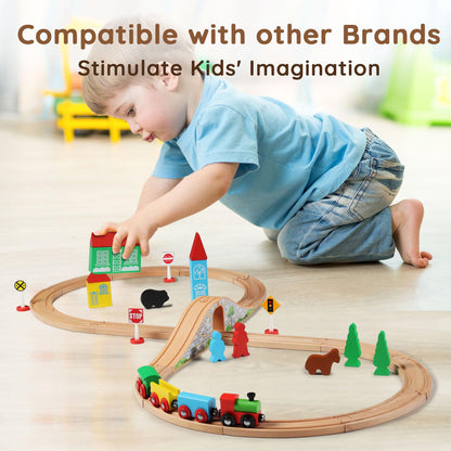SainSmart Jr. Wooden Train Set for Toddler with Double-Side Train Tracks Fits Brio, Thomas, Melissa and Doug, Kids Wood Toy Train for 3,4,5 Year old Boys and Girls