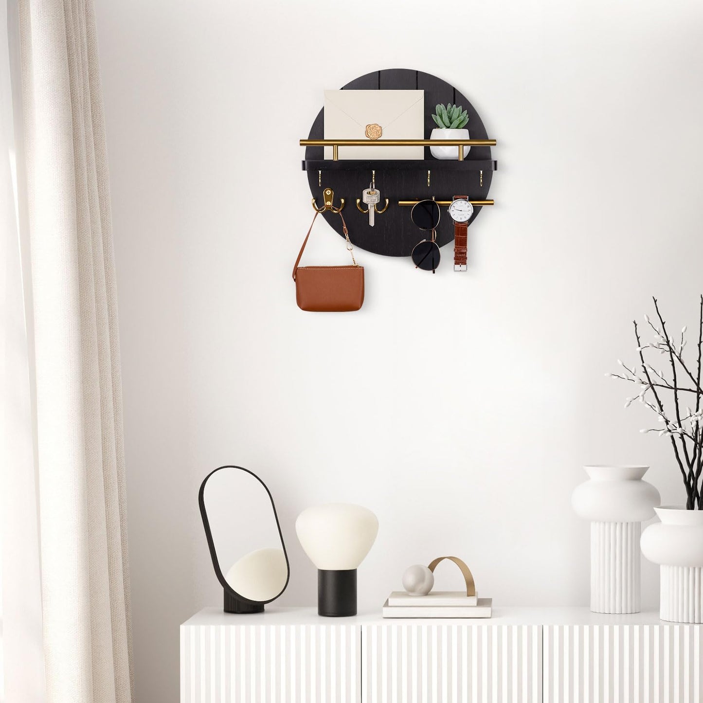 Nekon Wall Mount Key Holder, 11.8 Inch Rack With Shelf and 6 Hooks, Rustic Mail Organizer, Circular Wooden Hanger for Entryway Hallway Kitchen (Black&Gold)