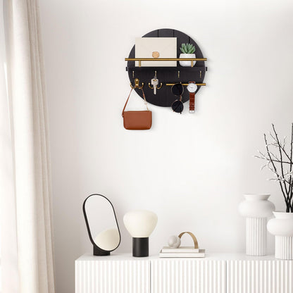 Nekon Wall Mount Key Holder, 11.8 Inch Rack With Shelf and 6 Hooks, Rustic Mail Organizer, Circular Wooden Hanger for Entryway Hallway Kitchen (Black&Gold)