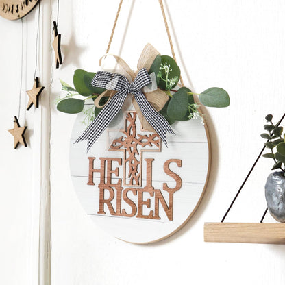TOARTi He is Risen Easter Front Door Sign Wreath (11.4"x11.4"), Rustic Christian Cross Wall Sign Hanging Plaque, Farmhouse Religious Home Wooden Door Decoration for Housewarming Easter Gift
