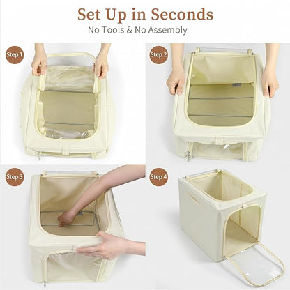 GoMaihe Clothes Storage Bins with Metal Frame, 40L Sweater Storage Boxes for Above Shelf Closet, 4 Pack Stackable Clothing Storage Organizer with Clear Window for Jeans Hoodies T-shirt – Beige